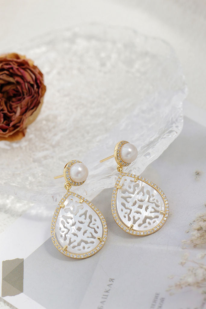Inlaid Natural White Shell and Pearl 18K Gold Plated Earrings Carved Vintage Style Elegant Fashion 925 Sterling Silver Earring