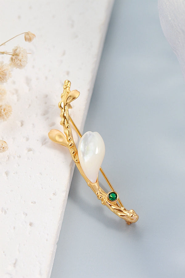 925 Sterling Silver Brooch Inlaid Natural Freshwater Pearl Shellfish 18K Gold Plated Brooch Trendy Jewelry Gift