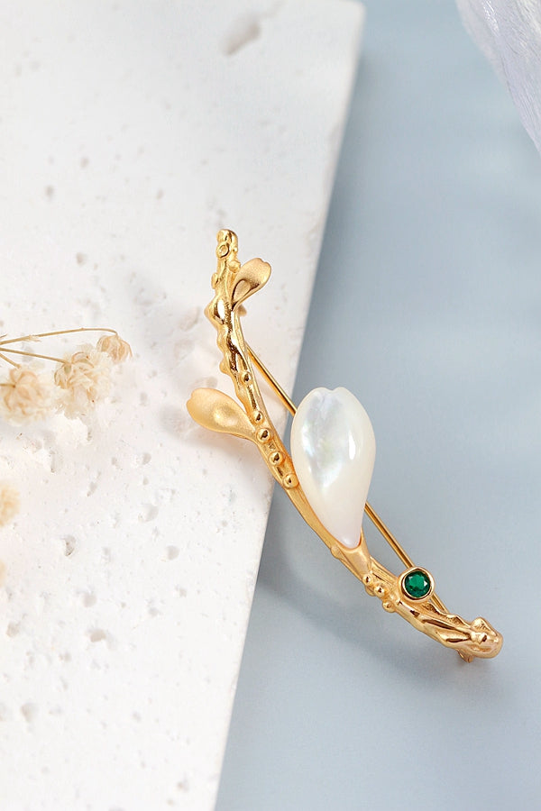 925 Sterling Silver Brooch Inlaid Natural Freshwater Pearl Shellfish 18K Gold Plated Brooch Trendy Jewelry Gift