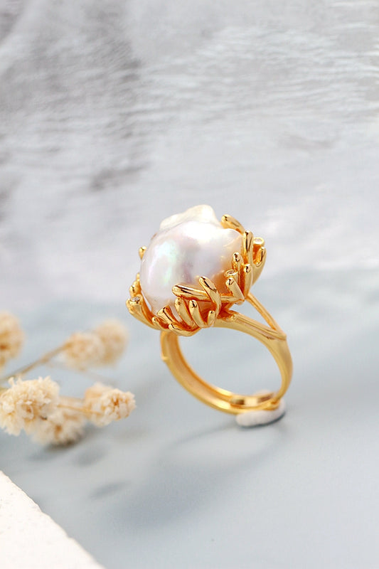 925 Sterling Silver Ring Inlaid Natural Baroque Pearl 18K Gold Plated Ring Lady Fashion High Quality Jewelry Gift