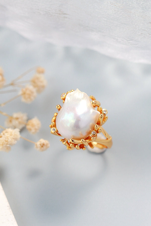 925 Sterling Silver Ring Inlaid Natural Baroque Pearl 18K Gold Plated Ring Lady Fashion High Quality Jewelry Gift