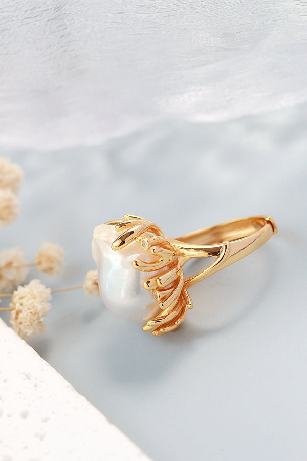 925 Sterling Silver Ring Inlaid Natural Baroque Pearl 18K Gold Plated Ring Lady Fashion High Quality Jewelry Gift