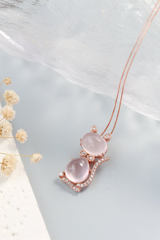 Inlaid Natural Rose Quartz Plated With Rose Gold Pendant Trendy Creative Kitten 925 Sterling Silver Pendant Women Jewelry Gift