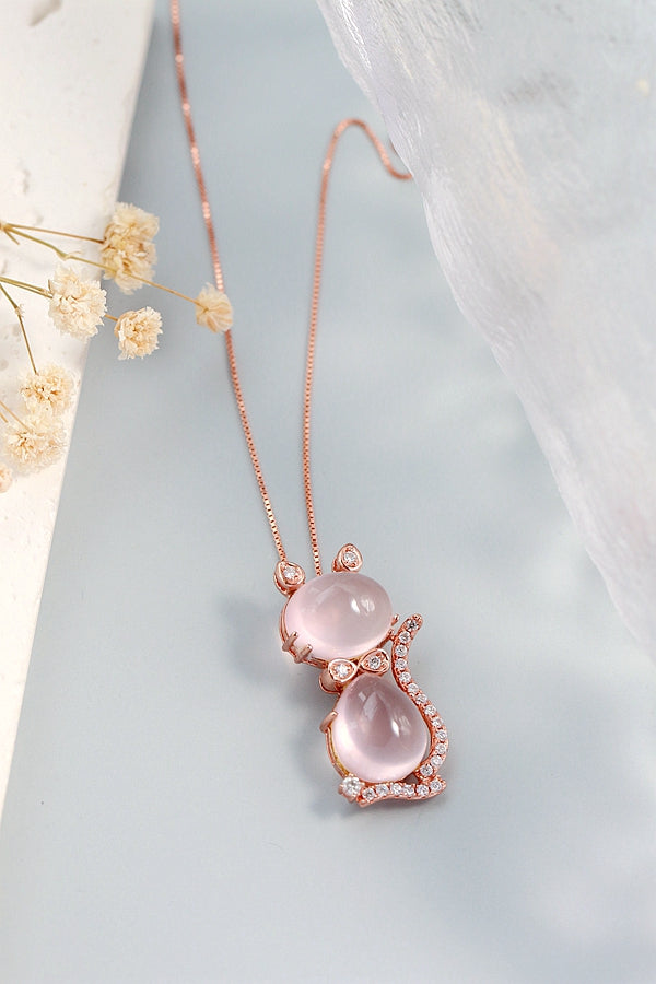 Inlaid Natural Rose Quartz Plated With Rose Gold Pendant Trendy Creative Kitten 925 Sterling Silver Pendant Women Jewelry Gift