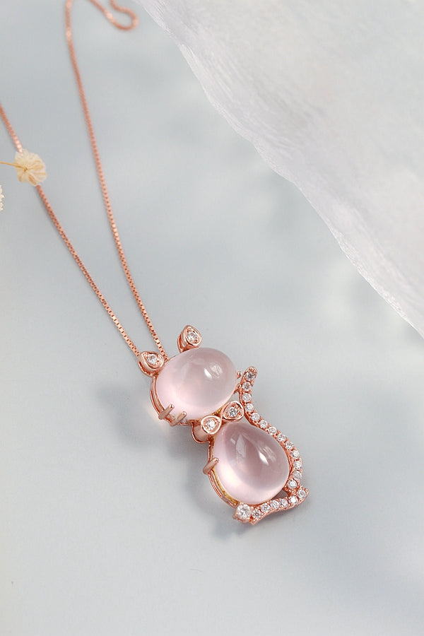 Inlaid Natural Rose Quartz Plated With Rose Gold Pendant Trendy Creative Kitten 925 Sterling Silver Pendant Women Jewelry Gift