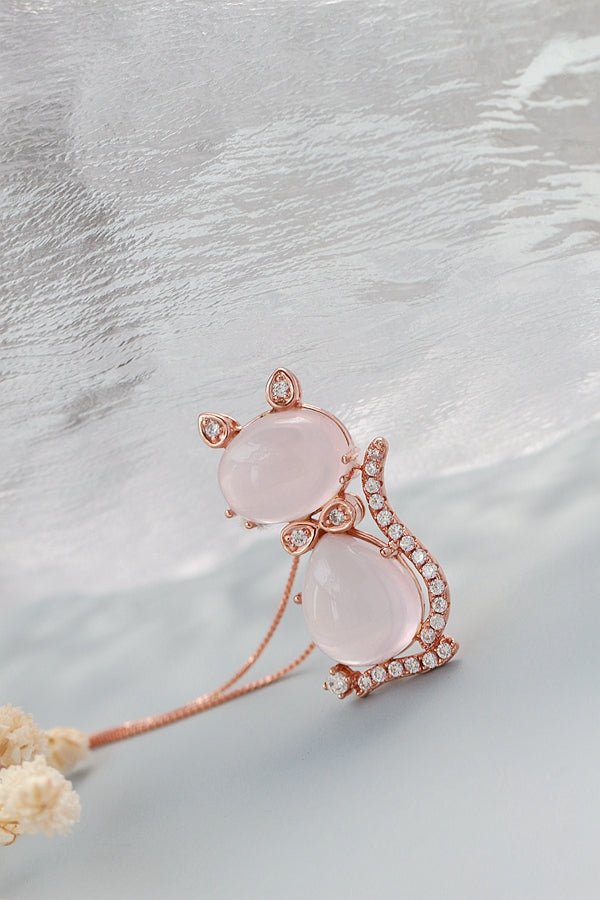 Inlaid Natural Rose Quartz Plated With Rose Gold Pendant Trendy Creative Kitten 925 Sterling Silver Pendant Women Jewelry Gift