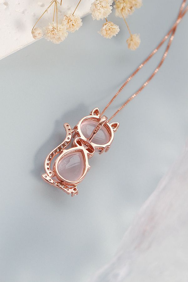 Inlaid Natural Rose Quartz Plated With Rose Gold Pendant Trendy Creative Kitten 925 Sterling Silver Pendant Women Jewelry Gift