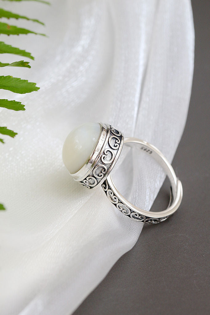 Authentic 925 Sterling Silver Rings Retro Style Inlaid Natural Mother Of Pearl Shell Lady Ring Trendy Creative Fine Jewelry Gift