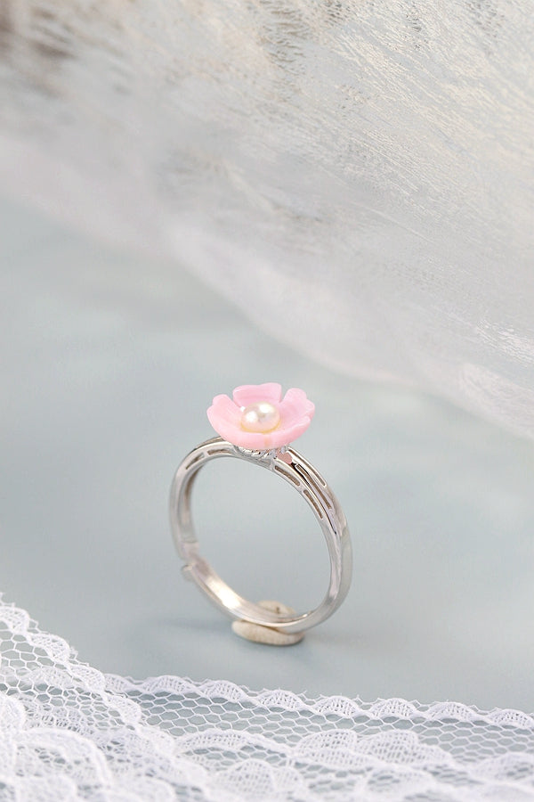 925 Sterling Silver Fine Jewelry Natural Freshwater Pearl Pink Shell Little Flower Fashion Women Opening Adjustable Ring