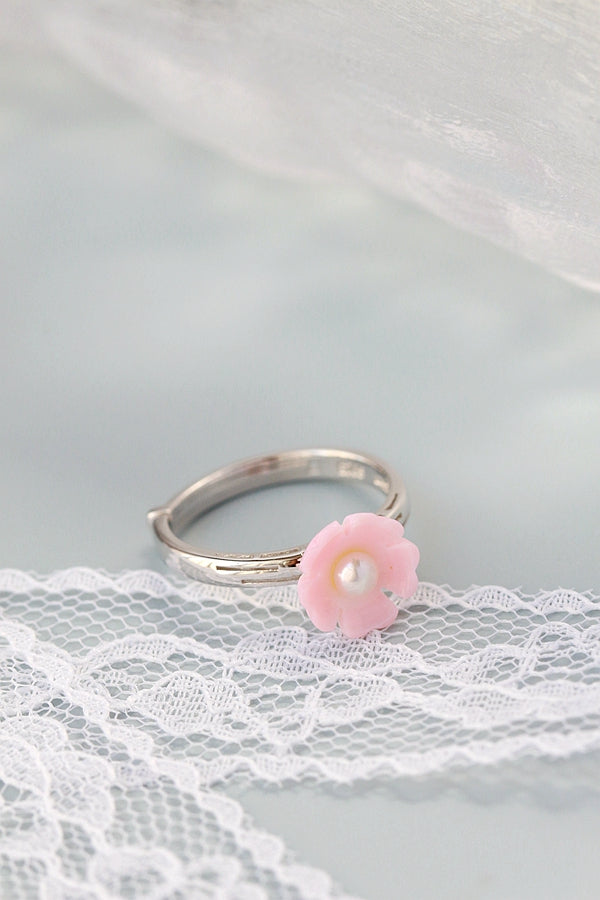 925 Sterling Silver Fine Jewelry Natural Freshwater Pearl Pink Shell Little Flower Fashion Women Opening Adjustable Ring