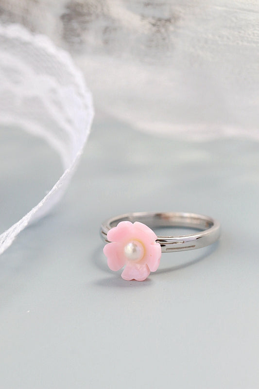 925 Sterling Silver Fine Jewelry Natural Freshwater Pearl Pink Shell Little Flower Fashion Women Opening Adjustable Ring