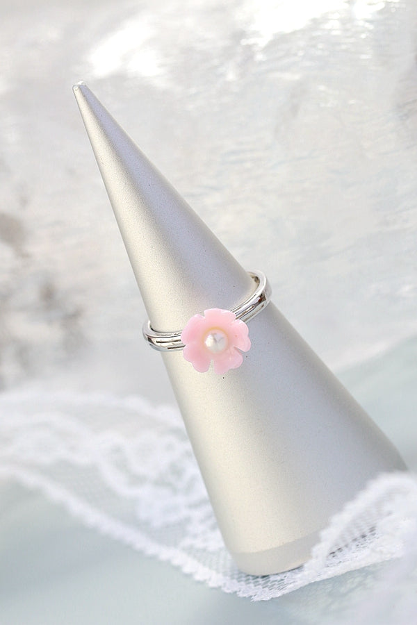 925 Sterling Silver Fine Jewelry Natural Freshwater Pearl Pink Shell Little Flower Fashion Women Opening Adjustable Ring