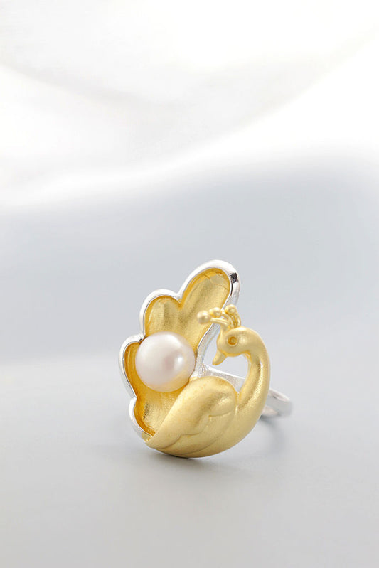 Elegant Fashion 925 Sterling Silver Rings Inlaid Natural Freshwater Pearl 18K Gold Plated Lucky Peacock Statement Ring
