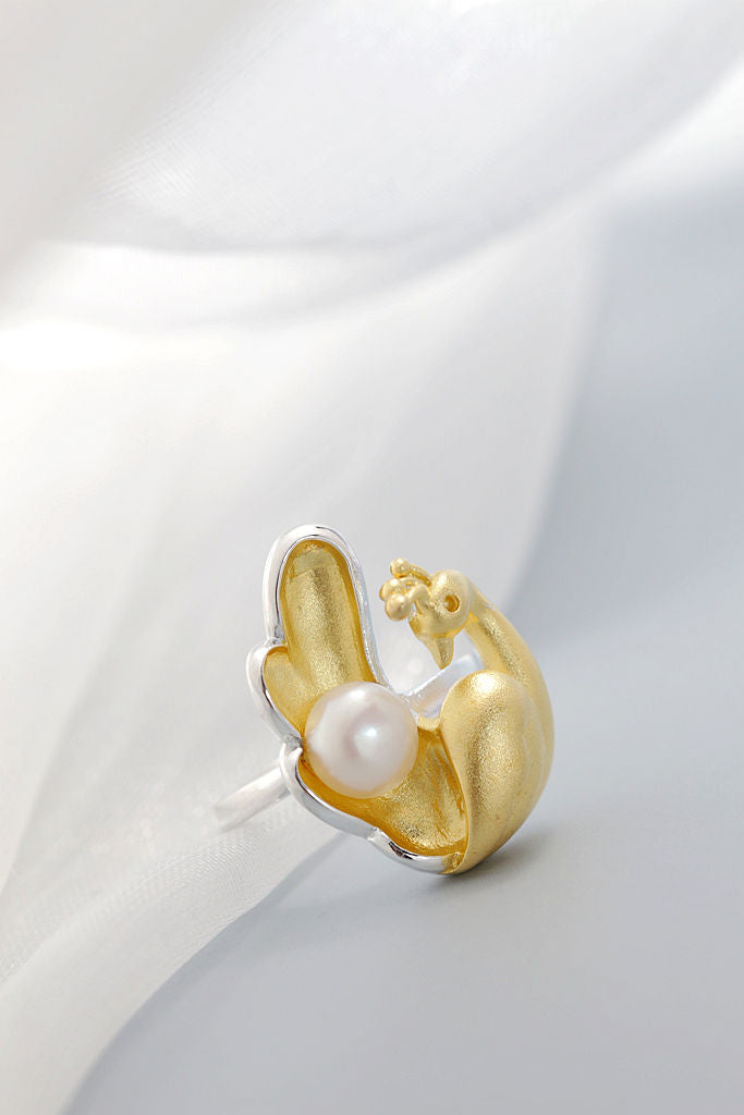 Elegant Fashion 925 Sterling Silver Rings Inlaid Natural Freshwater Pearl 18K Gold Plated Lucky Peacock Statement Ring