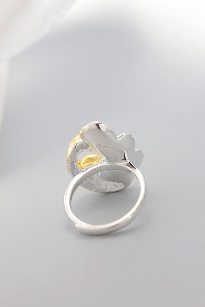 Elegant Fashion 925 Sterling Silver Rings Inlaid Natural Freshwater Pearl 18K Gold Plated Lucky Peacock Statement Ring