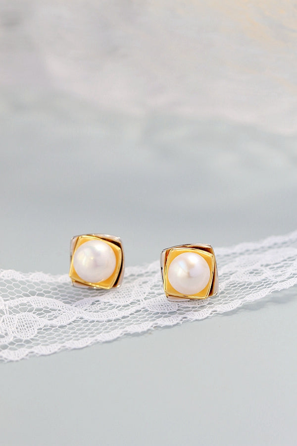 925 Sterling Silver Inlaid Natural Freshwater Pearl Fashion Handwork Creative Idea Stereoscopic Square Silver Earring