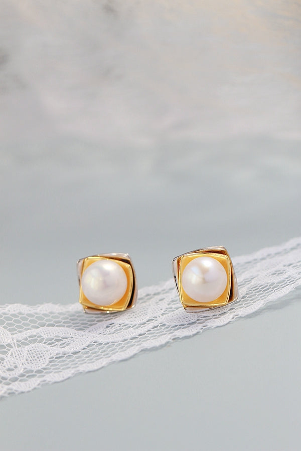 925 Sterling Silver Inlaid Natural Freshwater Pearl Fashion Handwork Creative Idea Stereoscopic Square Silver Earring