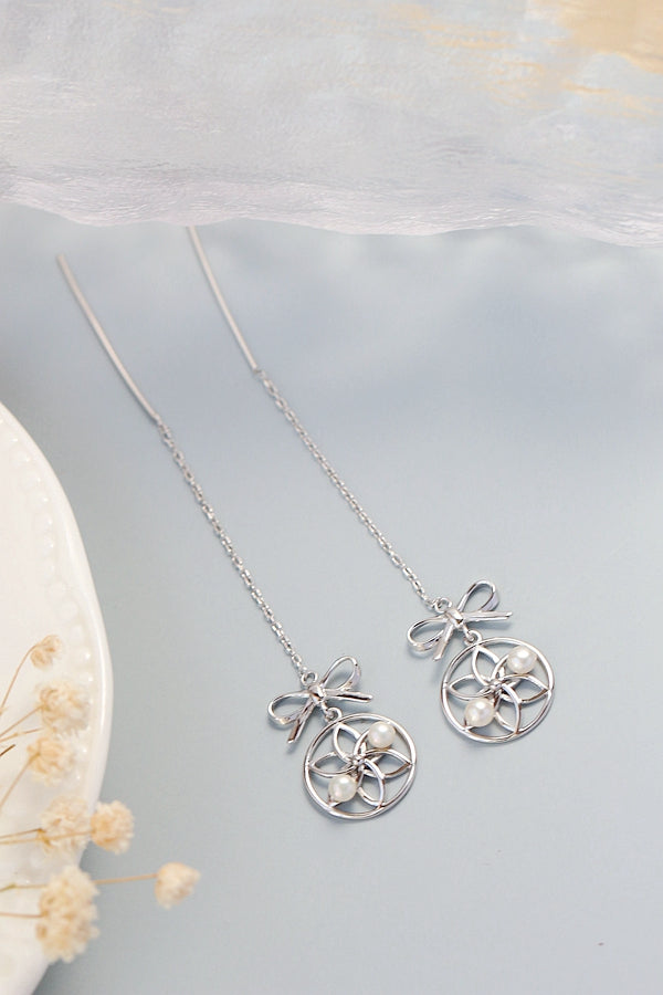 Fashion Creative Bow Long Tassel Earring Inlaid Natural Freshwater Pearl Lady 925 Sterling Silver Earrings Fine Jewelry