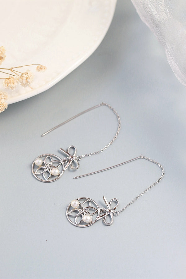 Fashion Creative Bow Long Tassel Earring Inlaid Natural Freshwater Pearl Lady 925 Sterling Silver Earrings Fine Jewelry