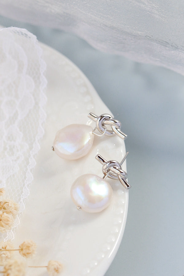 Inlaid Natural Baroque Pearl Earring Creative Knot Trendy 925 Sterling Silver Earring