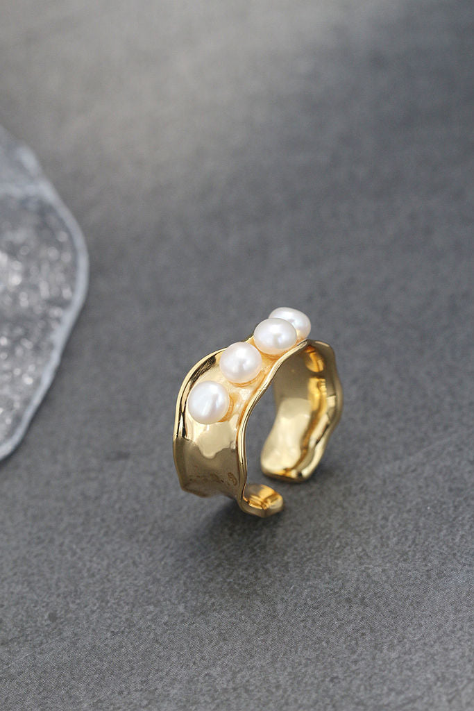 Authentic 925 Sterling Silver Rings Inlaid Natural Freshwater Pearl 18K Gold Plated Fashion Open Adjustable Ring Jewelry Gift