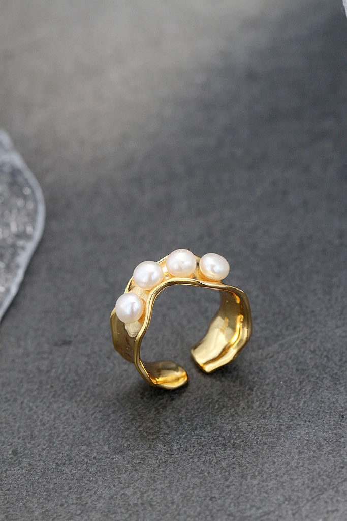 Authentic 925 Sterling Silver Rings Inlaid Natural Freshwater Pearl 18K Gold Plated Fashion Open Adjustable Ring Jewelry Gift