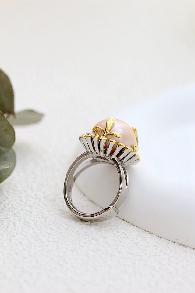 925 Sterling Silver Ring Fashion Women Retro Style Inlaid Natural Freshwater Pearl Ring