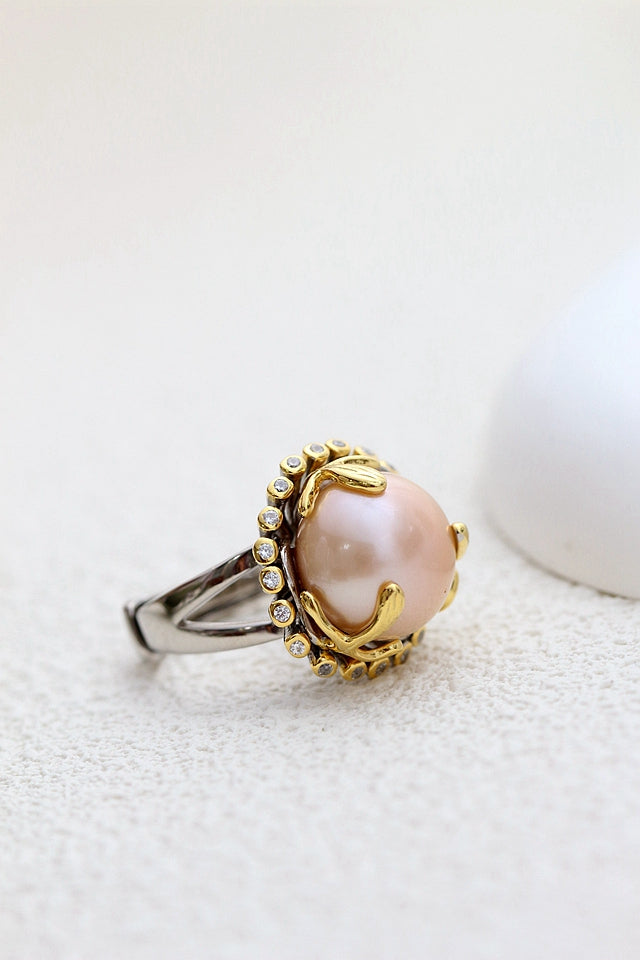 925 Sterling Silver Ring Fashion Women Retro Style Inlaid Natural Freshwater Pearl Ring