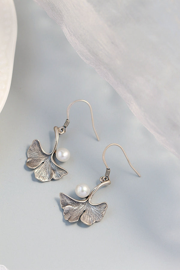 925 Sterling Silver Earring Women Fashion Gingko Leaf Inlaid Natural Freshwater Pearl Classic Nostalgia Retro Earring