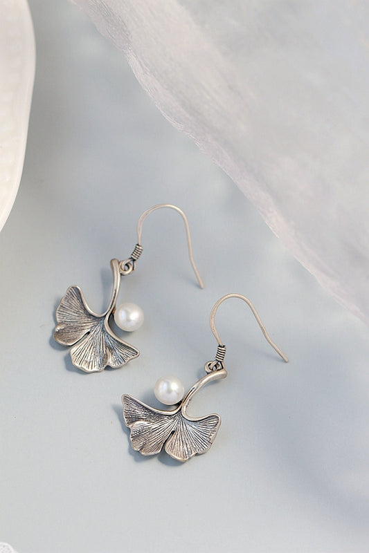 925 Sterling Silver Earring Women Fashion Gingko Leaf Inlaid Natural Freshwater Pearl Classic Nostalgia Retro Earring