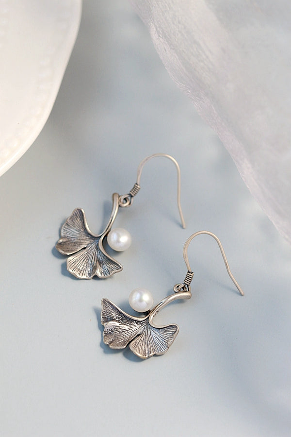 925 Sterling Silver Earring Women Fashion Gingko Leaf Inlaid Natural Freshwater Pearl Classic Nostalgia Retro Earring