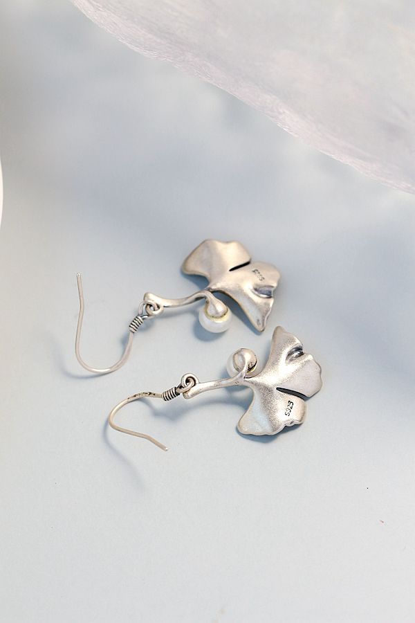 925 Sterling Silver Earring Women Fashion Gingko Leaf Inlaid Natural Freshwater Pearl Classic Nostalgia Retro Earring