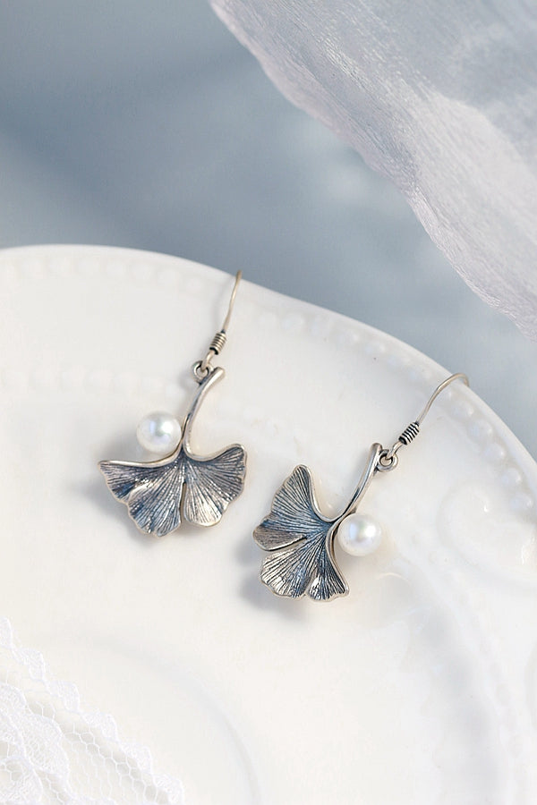 925 Sterling Silver Earring Women Fashion Gingko Leaf Inlaid Natural Freshwater Pearl Classic Nostalgia Retro Earring