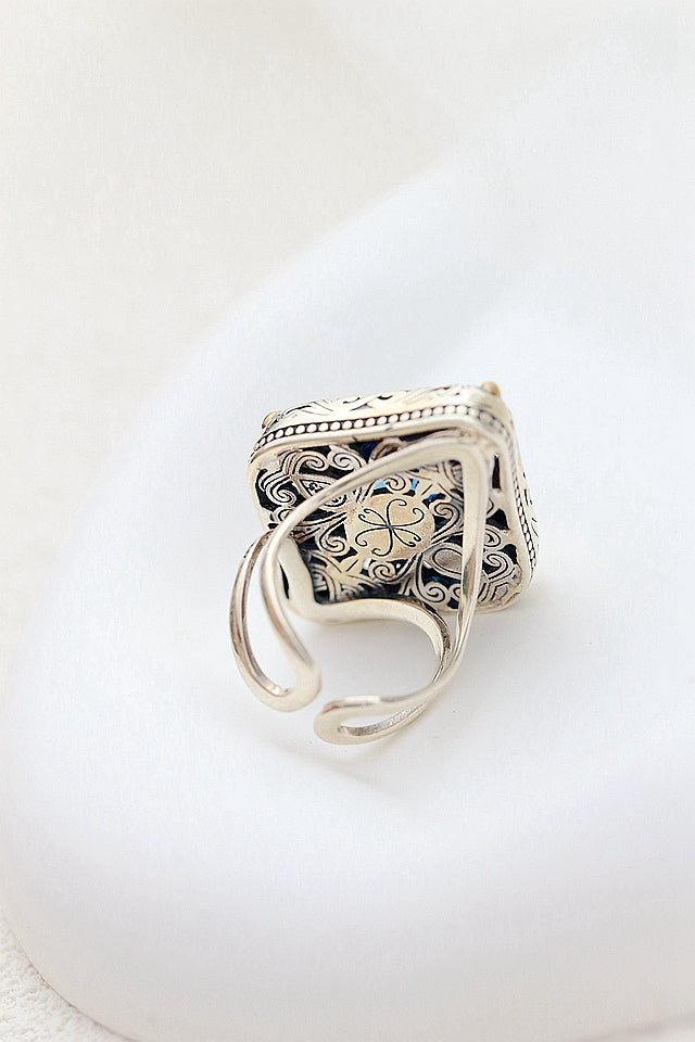 Authentic 925 Sterling Silver Rings Inlaid Artificial Blue Zircon Retro Creative Ring Lady National Style Jewelry Gift