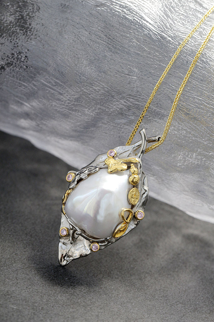 Authentic 925 Sterling Silver Pendant Creative Leaf Inlaid Natural Baroque Freshwater Pearl Trendy Women Fine Jewelry Gift