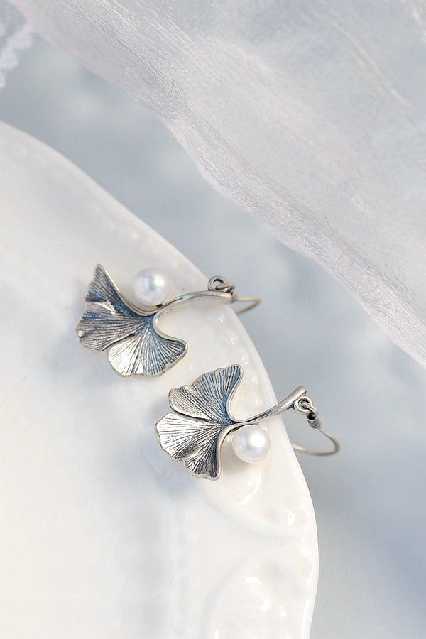 925 Sterling Silver Earring Women Fashion Gingko Leaf Inlaid Natural Freshwater Pearl Classic Nostalgia Retro Earring