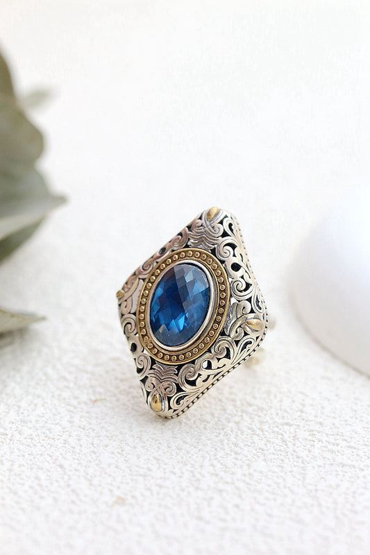 Authentic 925 Sterling Silver Rings Inlaid Artificial Blue Zircon Retro Creative Ring Lady National Style Jewelry Gift