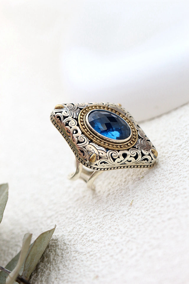 Authentic 925 Sterling Silver Rings Inlaid Artificial Blue Zircon Retro Creative Ring Lady National Style Jewelry Gift