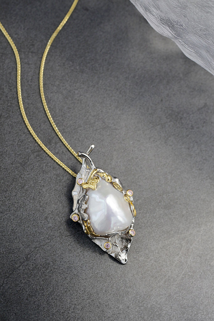 Authentic 925 Sterling Silver Pendant Creative Leaf Inlaid Natural Baroque Freshwater Pearl Trendy Women Fine Jewelry Gift