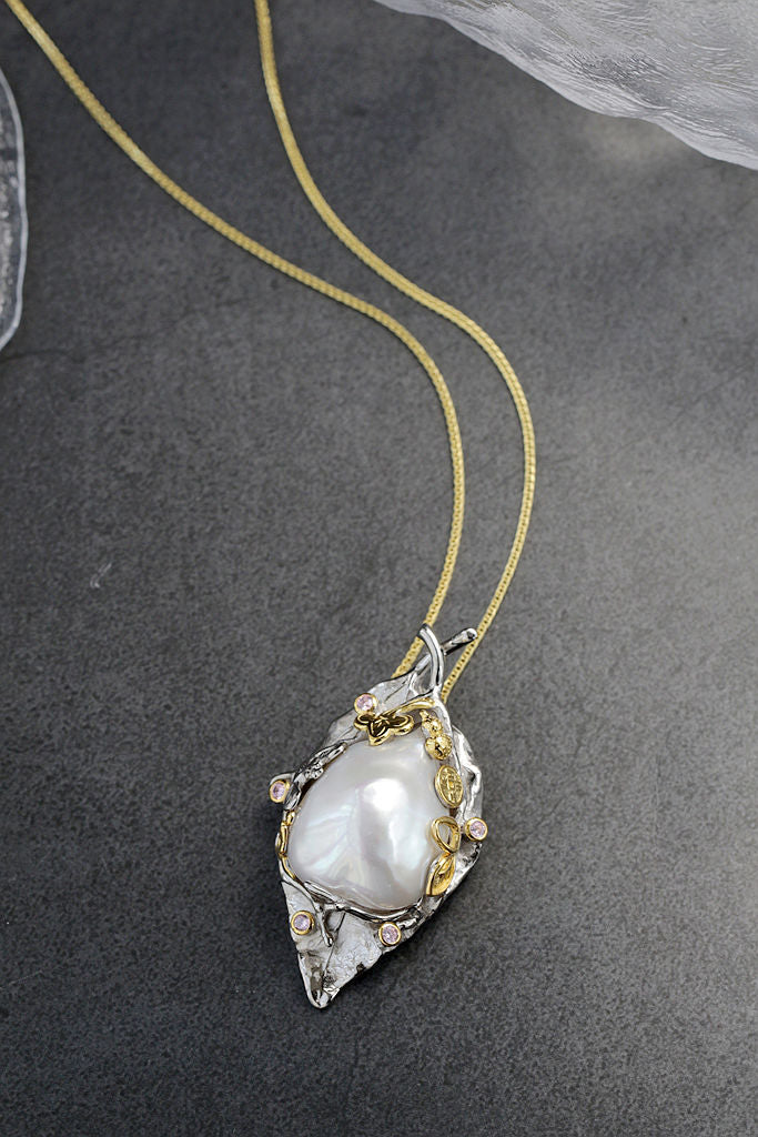Authentic 925 Sterling Silver Pendant Creative Leaf Inlaid Natural Baroque Freshwater Pearl Trendy Women Fine Jewelry Gift