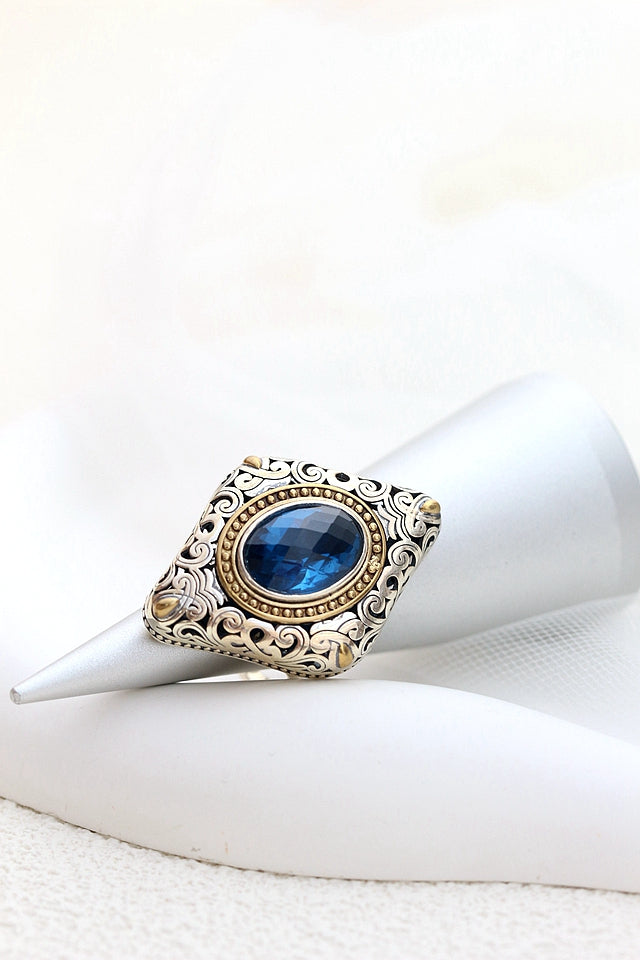 Authentic 925 Sterling Silver Rings Inlaid Artificial Blue Zircon Retro Creative Ring Lady National Style Jewelry Gift