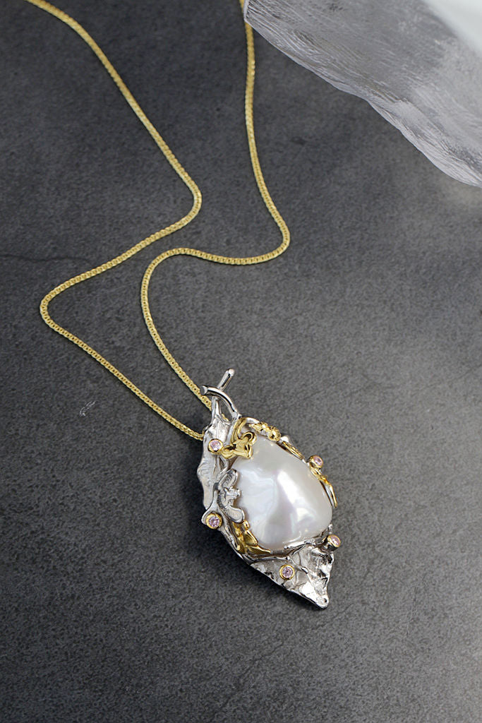 Authentic 925 Sterling Silver Pendant Creative Leaf Inlaid Natural Baroque Freshwater Pearl Trendy Women Fine Jewelry Gift