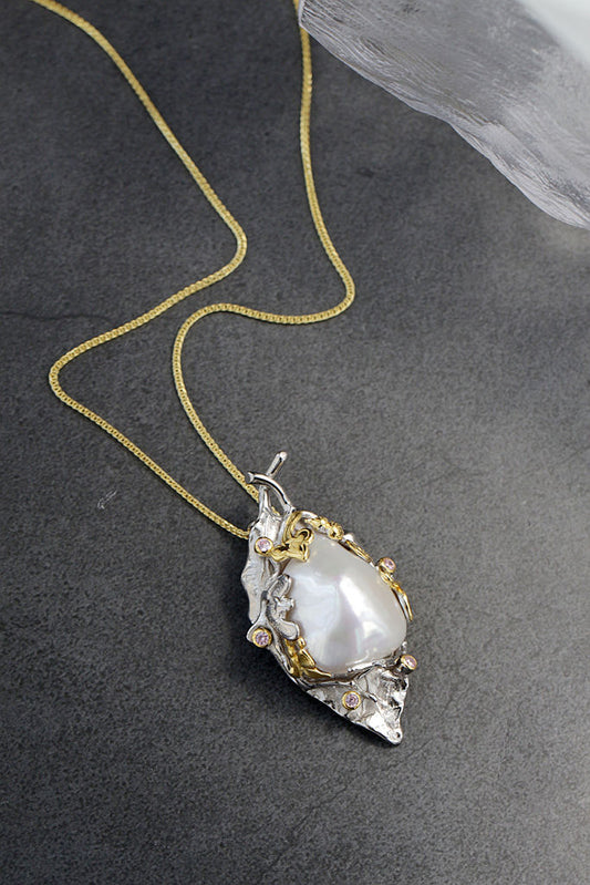 Authentic 925 Sterling Silver Pendant Creative Leaf Inlaid Natural Baroque Freshwater Pearl Trendy Women Fine Jewelry Gift