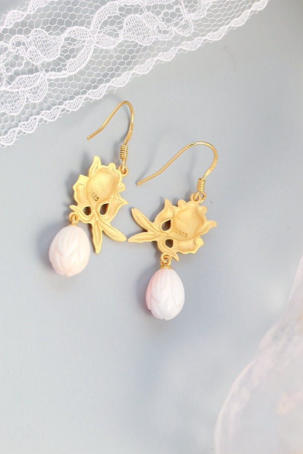 Inlaid Natural Pink Shellfish 925 Sterling Silver Earring Creative 18K Gold Plated Little Goldfish Earring Female Jewelry Gift