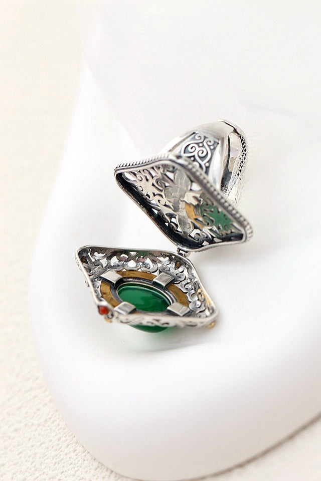 Authentic 925 Sterling Silver Rings Inlaid Natural Green Chalcedony Retro Creative Opening Ring Lady National Style Jewelry Gift