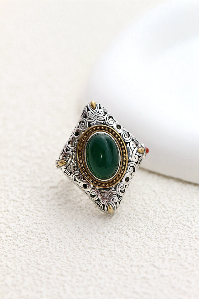 Authentic 925 Sterling Silver Rings Inlaid Natural Green Chalcedony Retro Creative Opening Ring Lady National Style Jewelry Gift