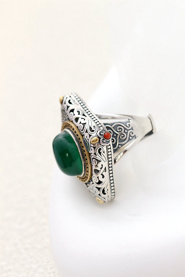Authentic 925 Sterling Silver Rings Inlaid Natural Green Chalcedony Retro Creative Opening Ring Lady National Style Jewelry Gift