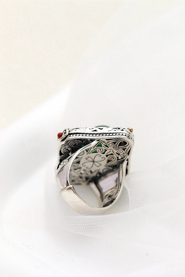 Authentic 925 Sterling Silver Rings Inlaid Natural Green Chalcedony Retro Creative Opening Ring Lady National Style Jewelry Gift