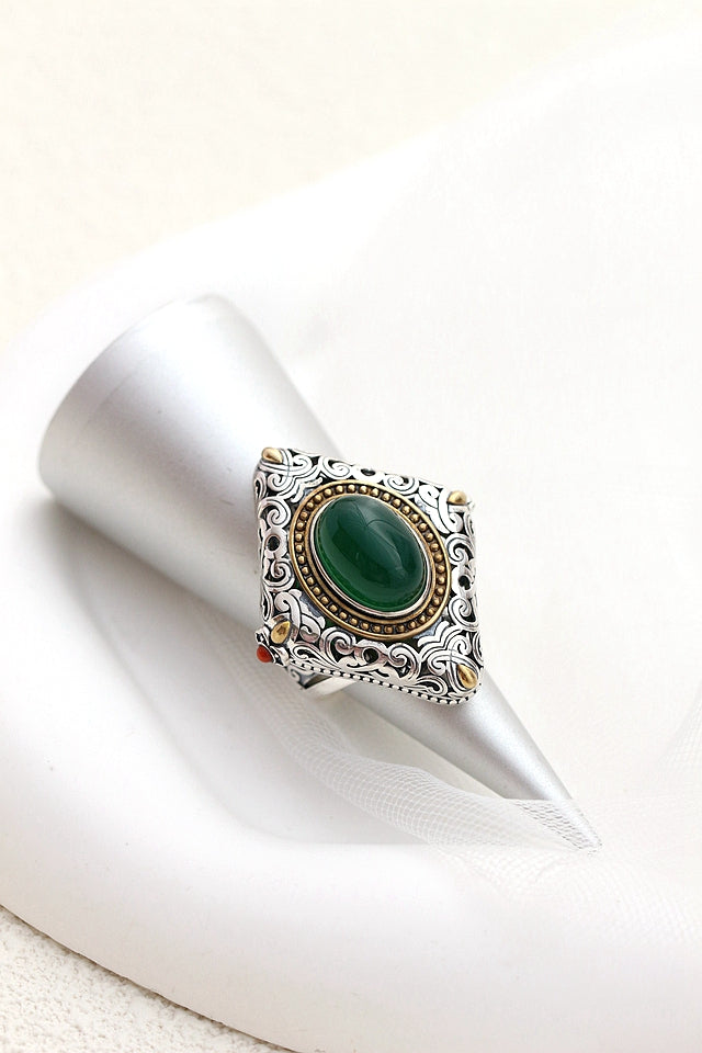 Authentic 925 Sterling Silver Rings Inlaid Natural Green Chalcedony Retro Creative Opening Ring Lady National Style Jewelry Gift