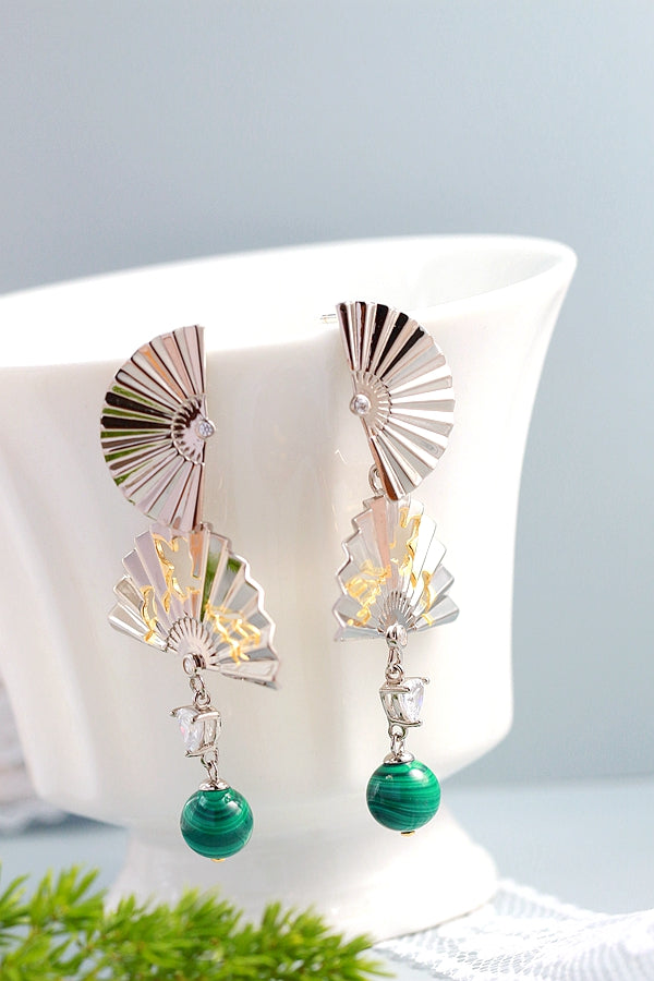 925 Sterling Silver Earring Inlaid Natural Malachite Retro National Style Antique Silver Lady Earring
